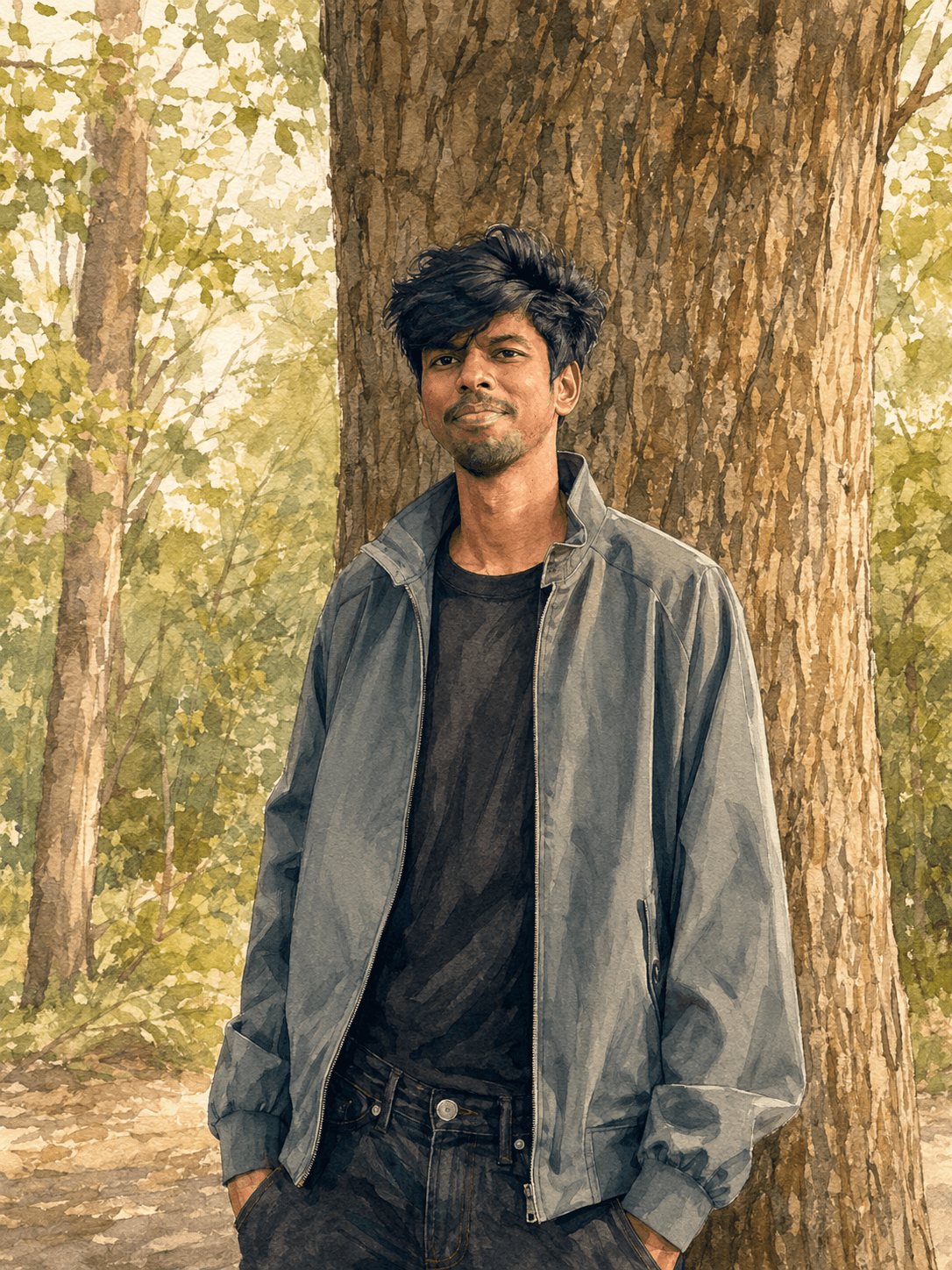 Portrait of Karthik Raghuram standing beside a tree
